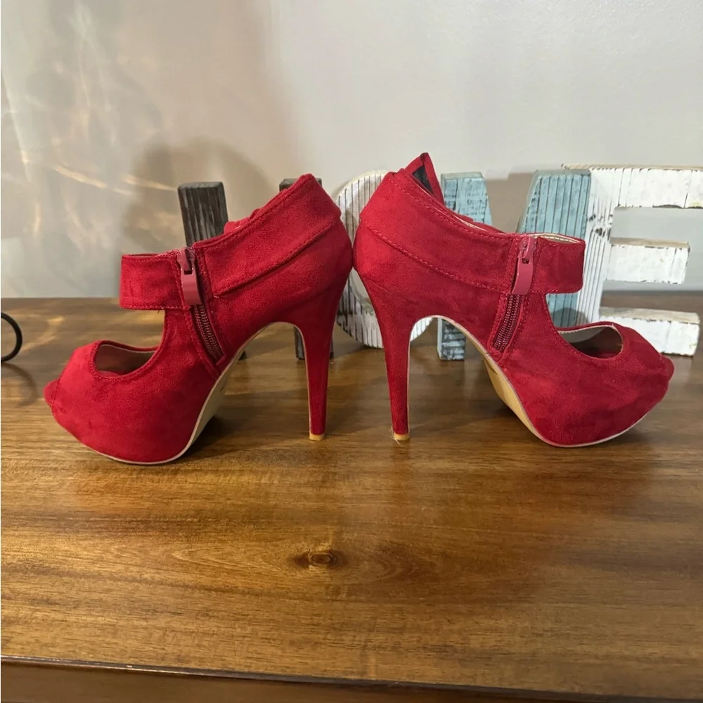 Red Open Toe Platform High Heel Pumps Size 7 - Picture 8 of 9